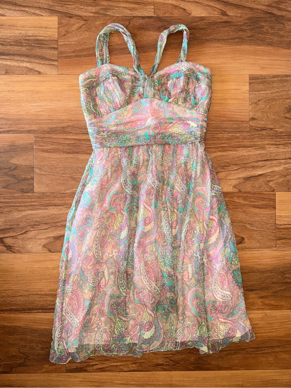 Vintage Shoshanna pink green blue paisley silk mini summer dress